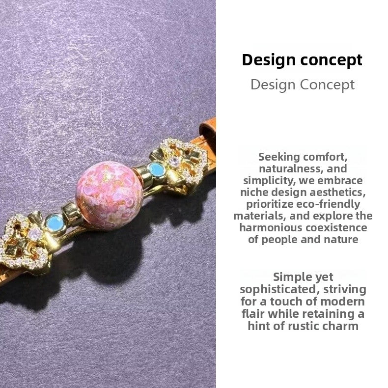 Asymmetrical Flowers Copper Bracelet With Zircon Inlay, Electroplated Gold Plating, Featuring Leather Rope Chain, Unisex Design
