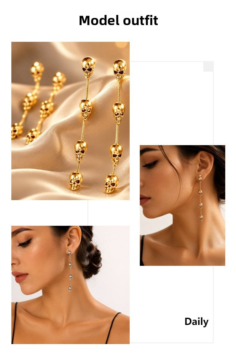 Gothic Skull Earrings For Halloween With Gold Tassel Design, Unisex Alloy Jewelry