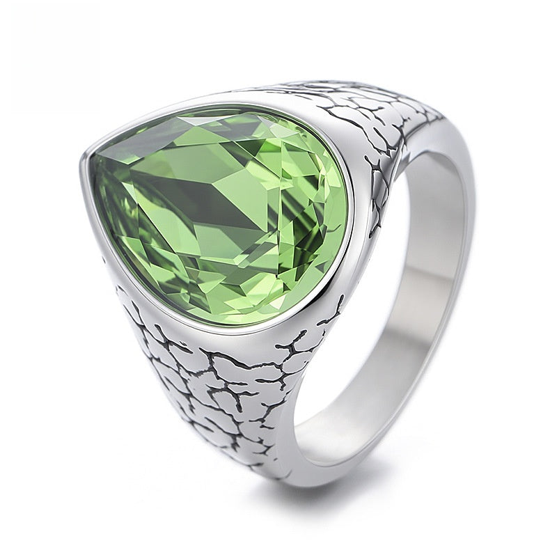Men's Titanium Steel Pear Ring With Light Blue Glass Stone Inlay, Perfect For Summer Wear