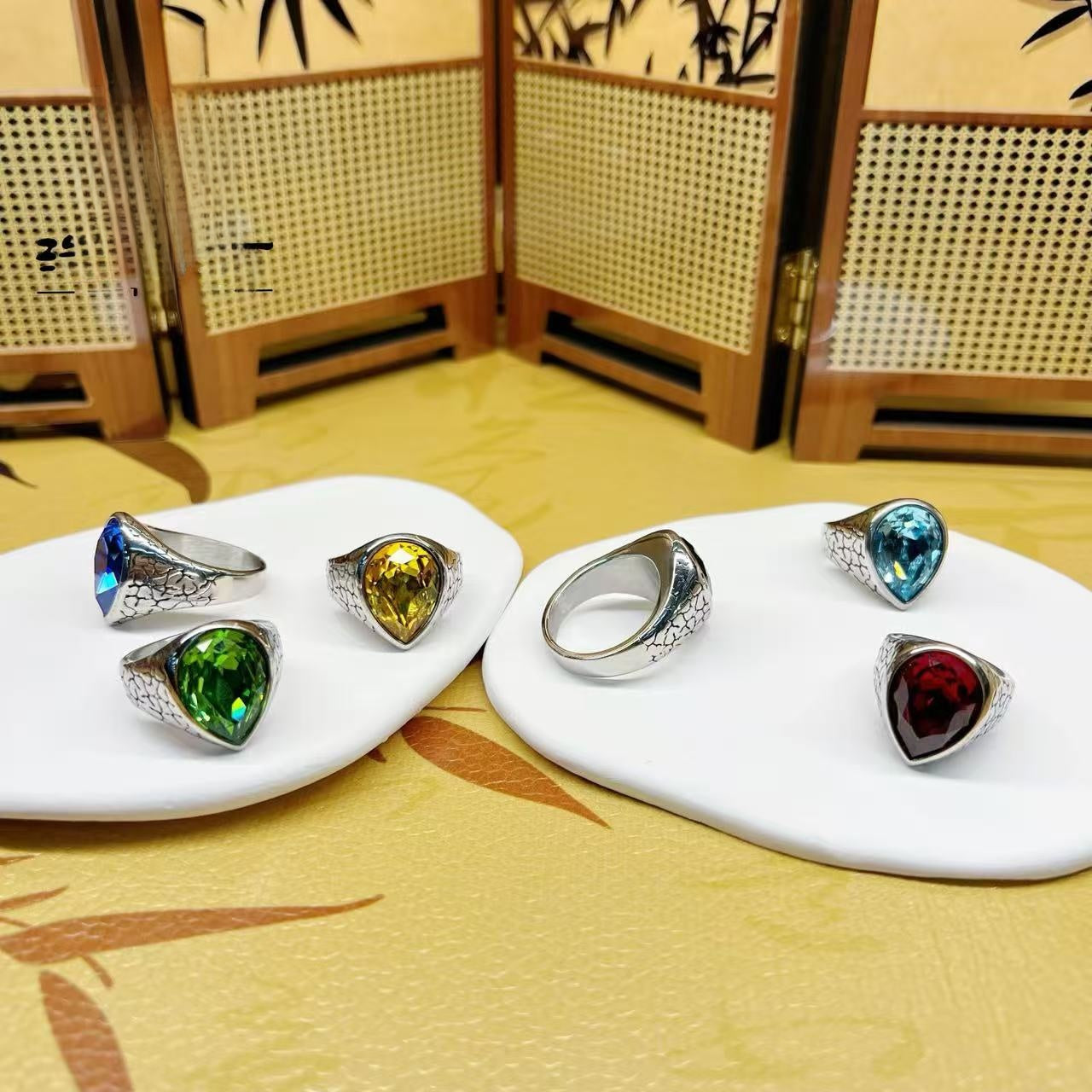 Men's Titanium Steel Pear Ring With Light Blue Glass Stone Inlay, Perfect For Summer Wear