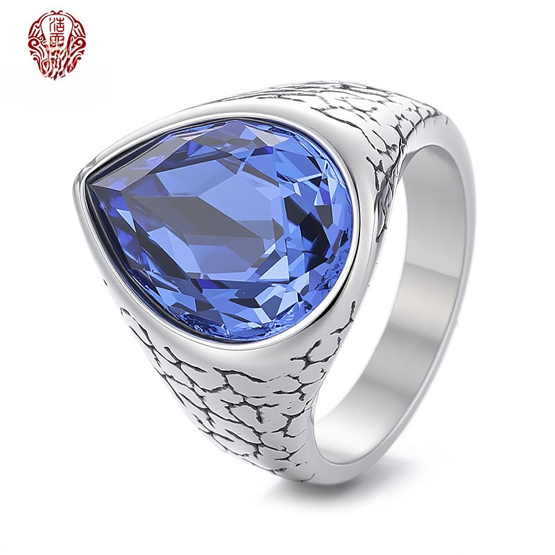 Men's Titanium Steel Pear Ring With Light Blue Glass Stone Inlay, Perfect For Summer Wear