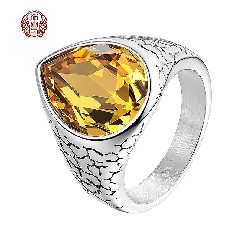 Men's Titanium Steel Pear Ring With Light Blue Glass Stone Inlay, Perfect For Summer Wear