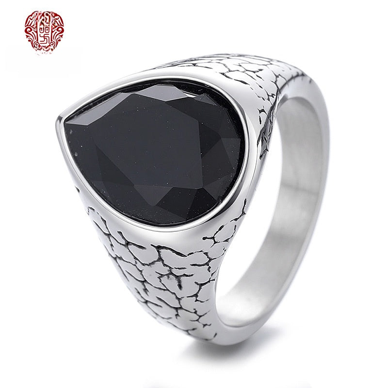 Men's Titanium Steel Pear Ring With Light Blue Glass Stone Inlay, Perfect For Summer Wear