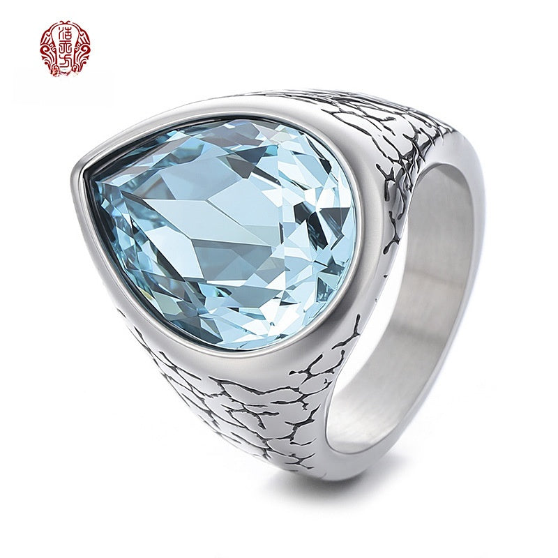 Men's Titanium Steel Pear Ring With Light Blue Glass Stone Inlay, Perfect For Summer Wear