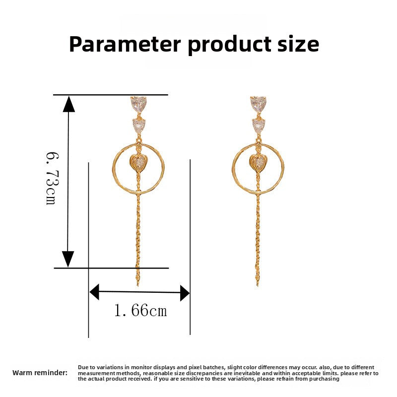 Exaggerated Heart Shape Drop Earrings For Women With Tassel Design, Copper Base, Real Gold Plated And Zircon Inlay