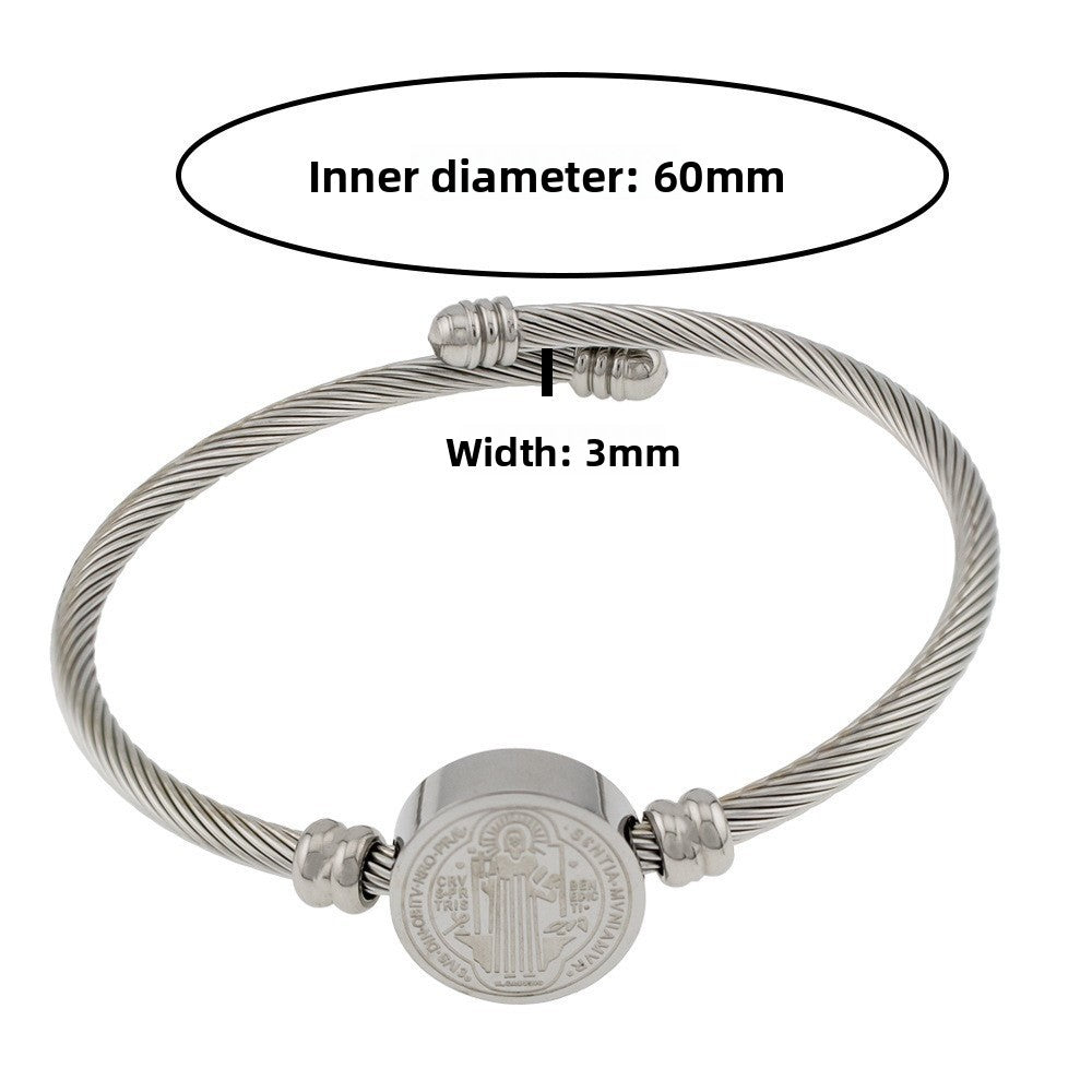 Geometric Titanium Steel Bangle With Electroplated Gold Plating, Stretch Adjustable In Steel Color