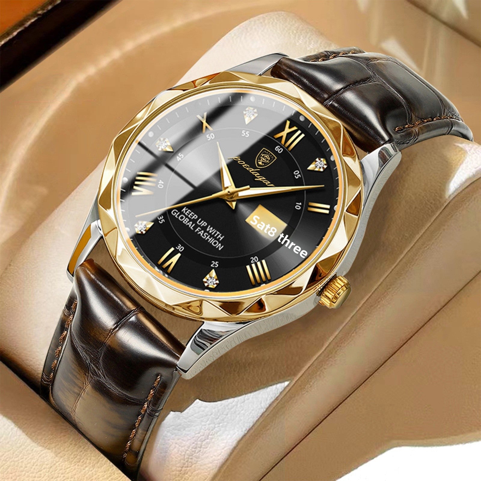 Men's Quartz Watch With Genuine Leather Strap, Round Dial, Tempered Glass Mirror, Pointer Display, And Pin Buckle