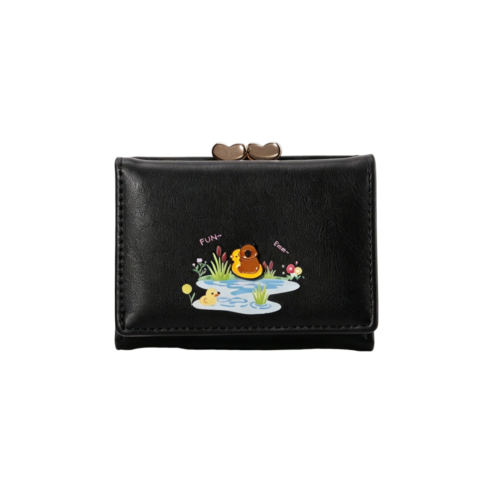 Duck Pattern Small Wallet For Women In PU Leather With Sewing Thread Detail, Lightweight And Stylish