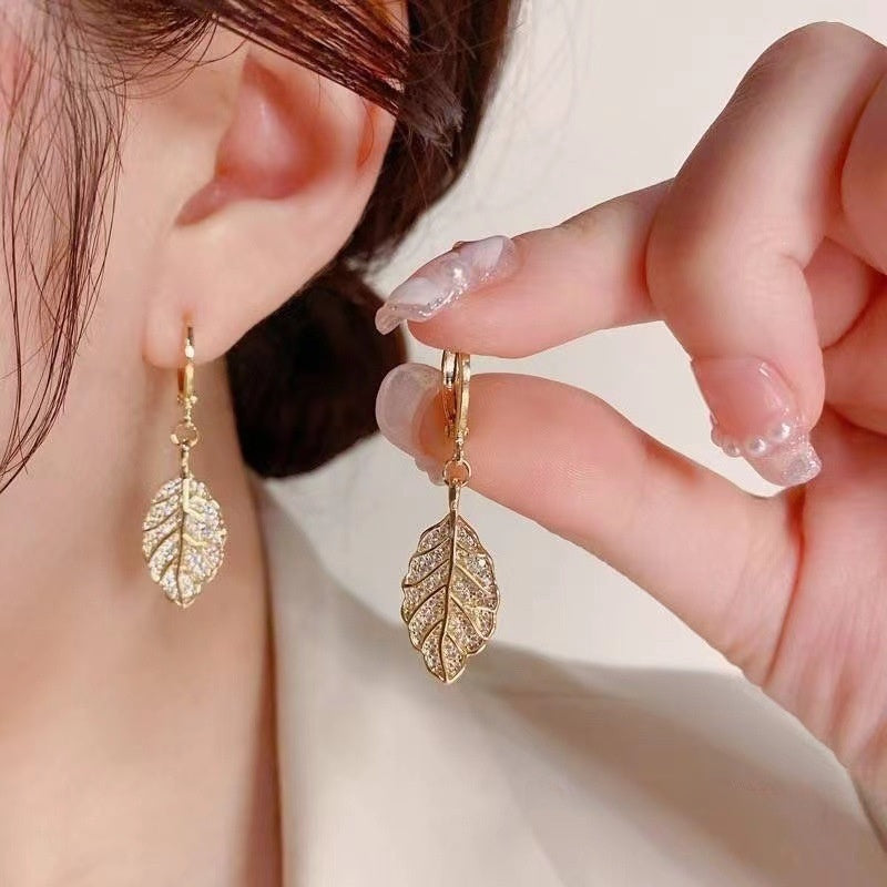 Leaf Earrings For Women With Gold Alloy Bezel Setting Featuring Zircon Inlay