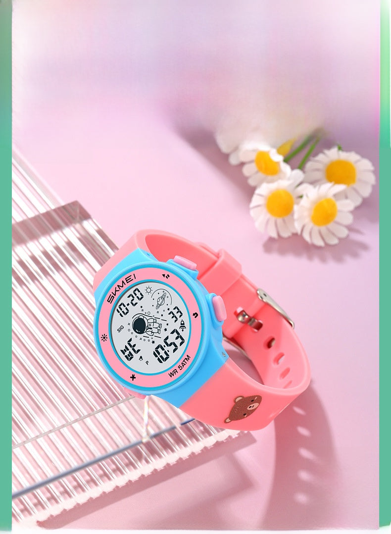 Children Unisex Electronic Watch With Round Dial, Plastic Mirror, Number Display, ABS Case, And TPU Strap
