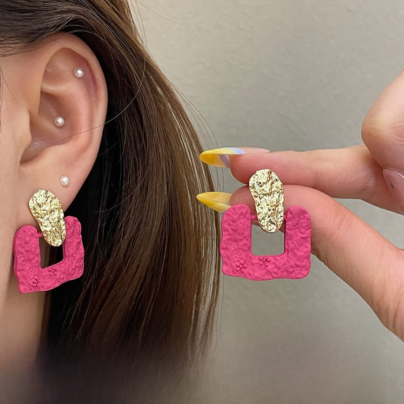 Geometric Rose Red Earrings For Women Featuring Copper Ear Pins And Sweet Style In Alloy Material