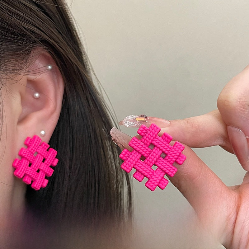 Geometric Rose Red Earrings For Women Featuring Copper Ear Pins And Sweet Style In Alloy Material