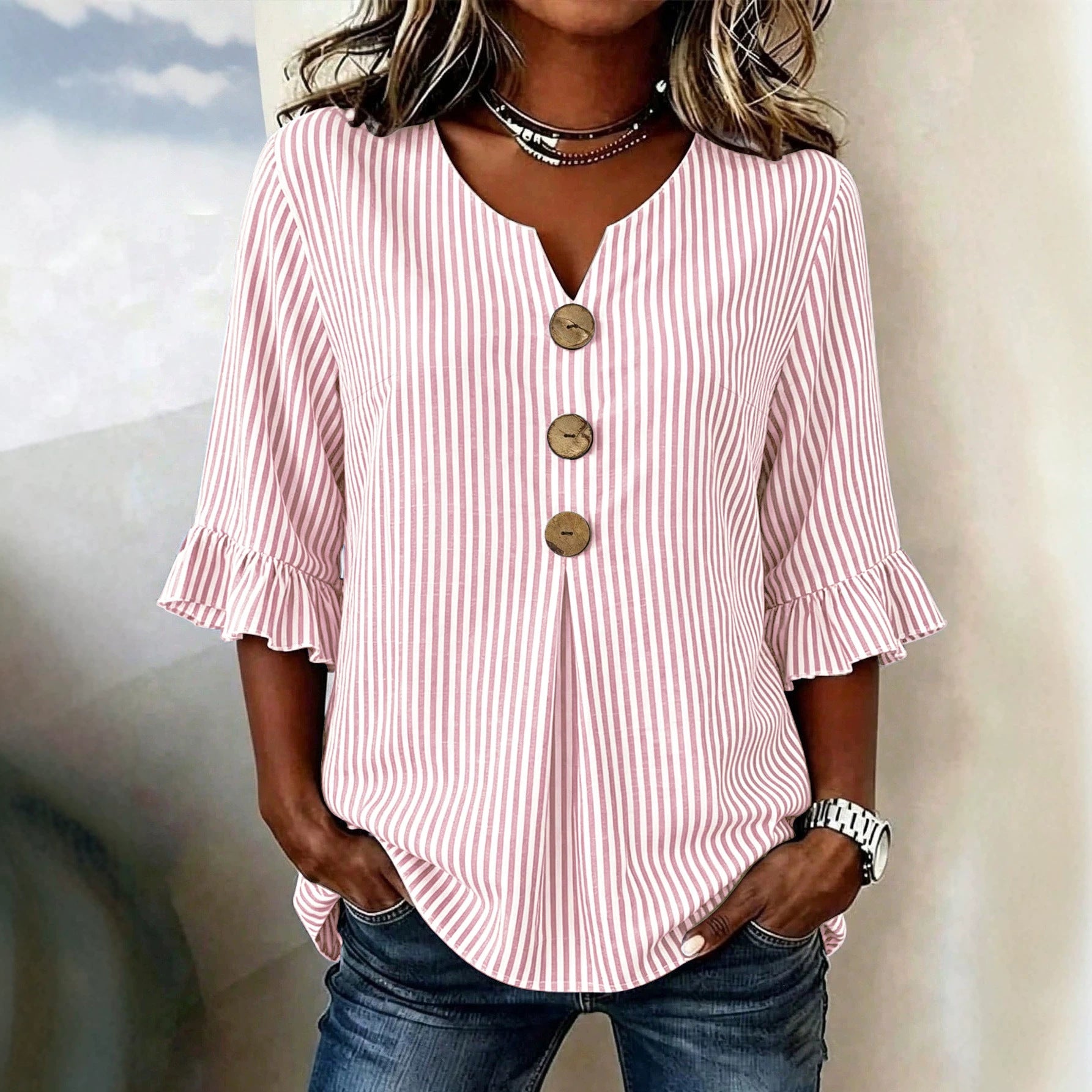 Elegant Stripe Blouse With Ruffles In Half Sleeve, Made Of Polyester For Women