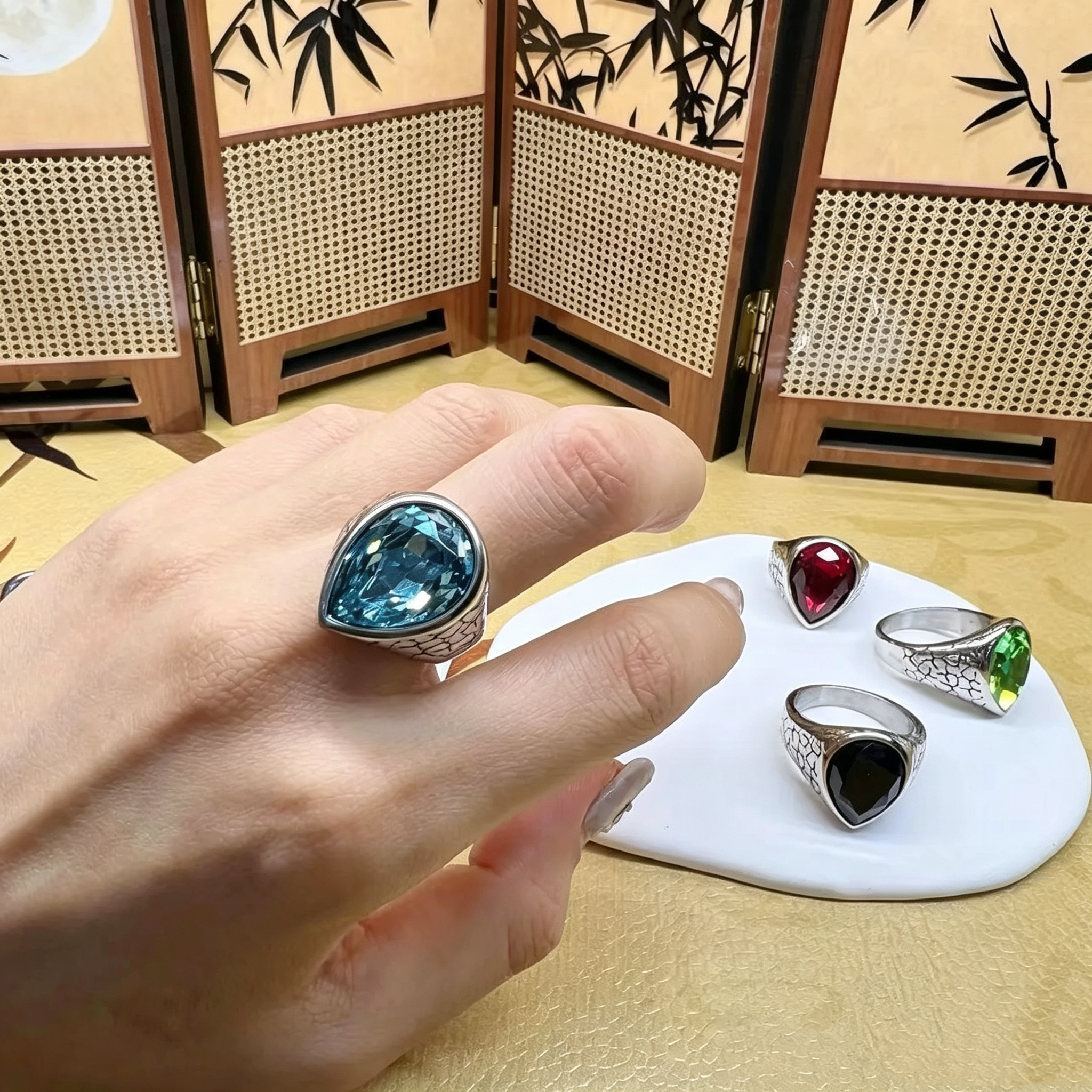 Men's Titanium Steel Pear Ring With Light Blue Glass Stone Inlay, Perfect For Summer Wear