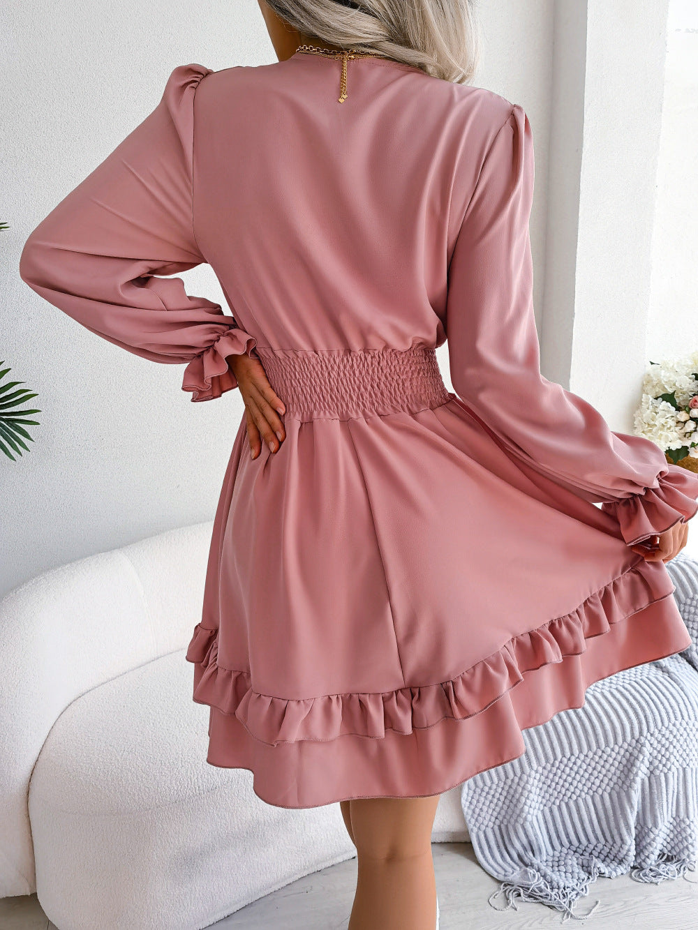 Women's Solid Color A-Line Skirt Dress With Long Sleeve V Neck In Polyester Fabric Featuring High-Temperature Setting For Daily Wear
