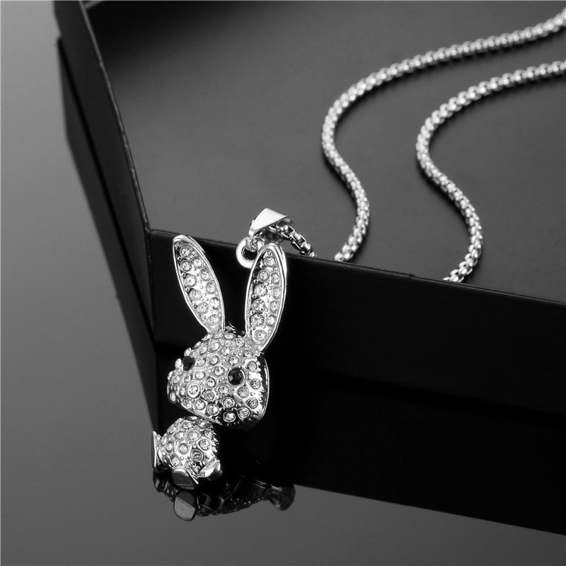 Fashion Rabbit Pendant Necklace In Titanium Steel With Rhinestone Inlay, Stylish And Durable Jewelry