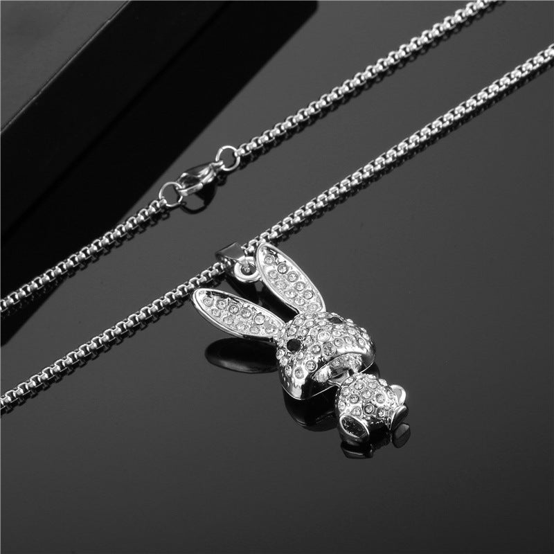 Fashion Rabbit Pendant Necklace In Titanium Steel With Rhinestone Inlay, Stylish And Durable Jewelry